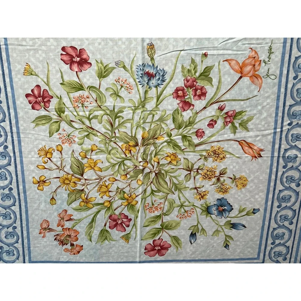 Jim Thompson Blue Floral Cotton Square Scarf Made in Thailand 18.5in